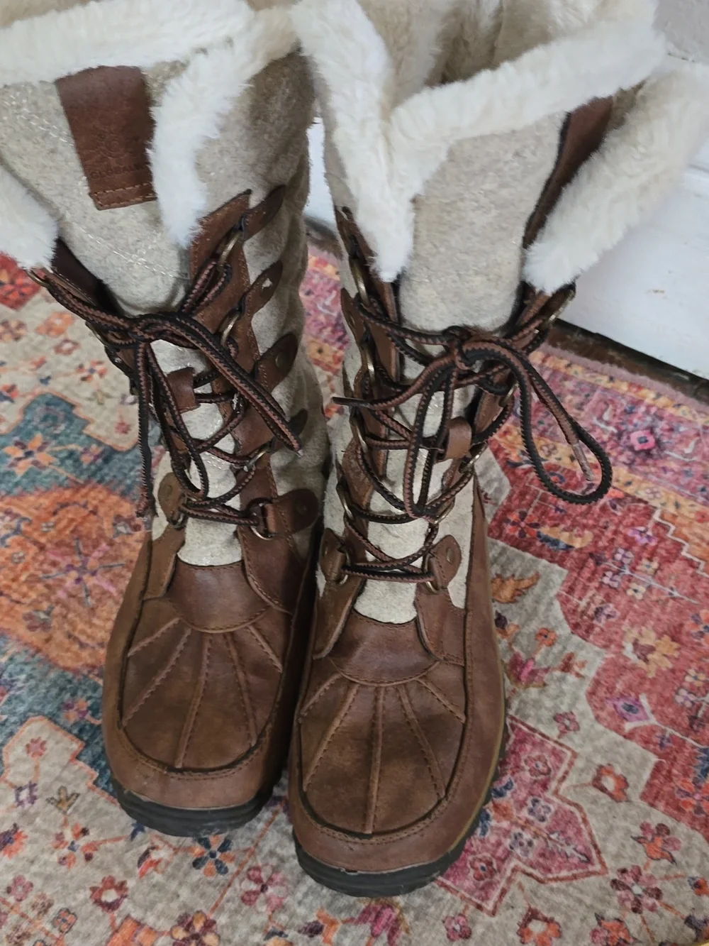 Global Win‎ Brown and Cream Faux-Shearling Lace-Up Winter Boots